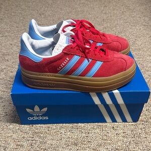 Adidas Gazelle Platform Red Suede Sneakers with Light Blue Stripes